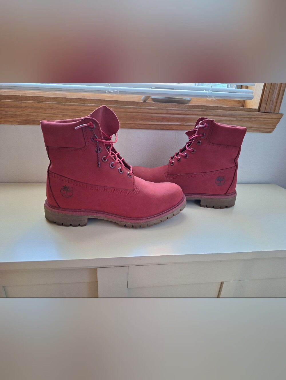 Timberland Red Nubuck Lace-Up Work Boots with Lug Sole